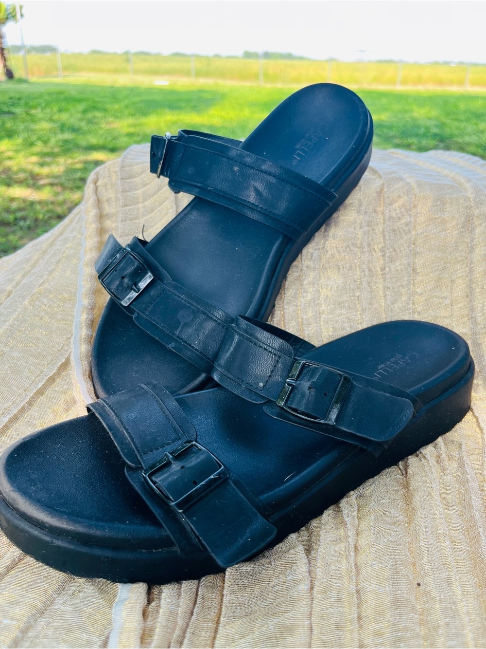 Capelli of New York Black Double-Buckle Slide Sandals